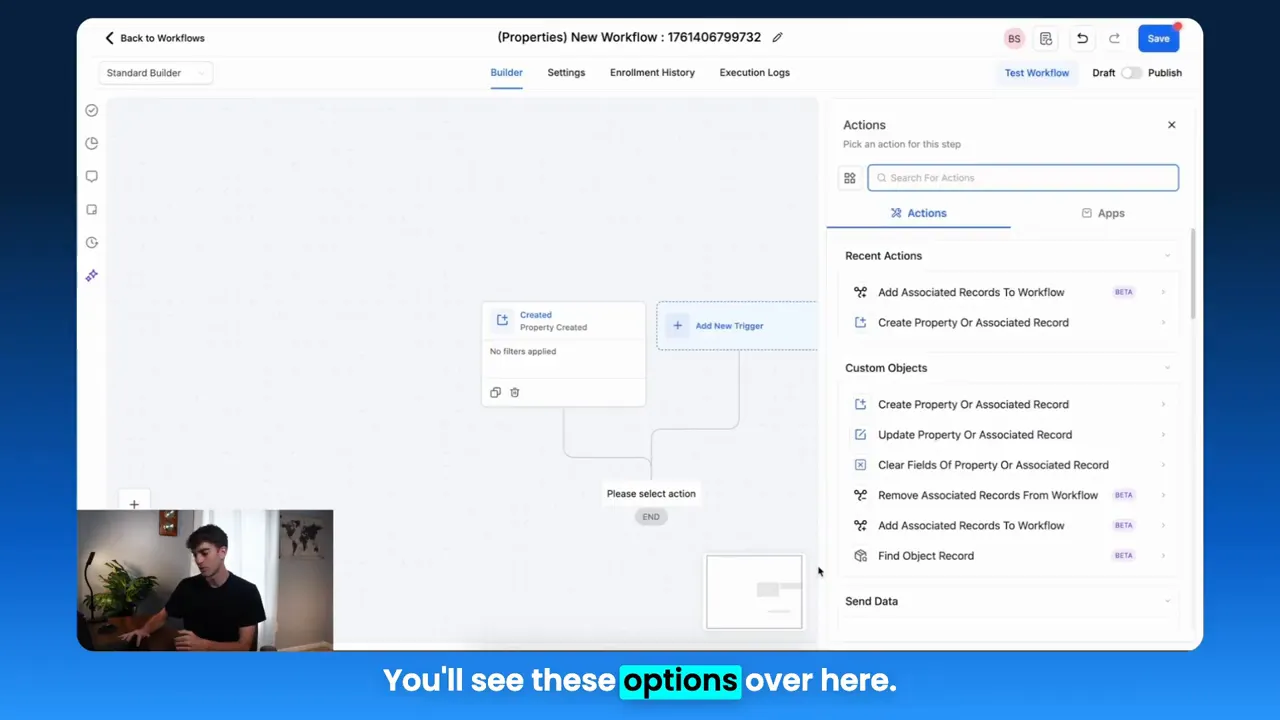 Selecting an object trigger such as property created inside the workflow editor