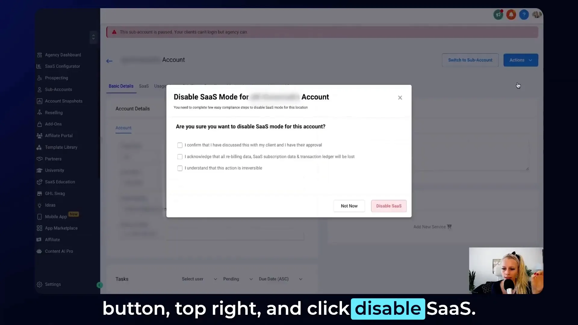 GFunnel automation dashboard showing subscription management