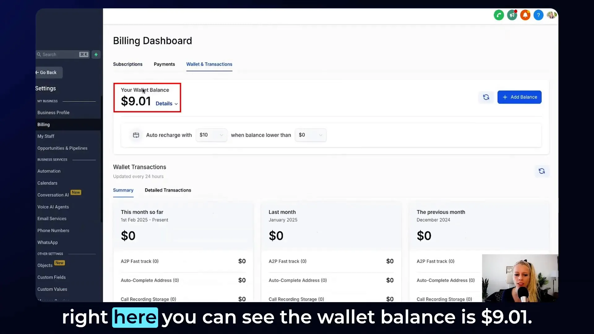 GFunnel dashboard showing digital credits and wallet balance