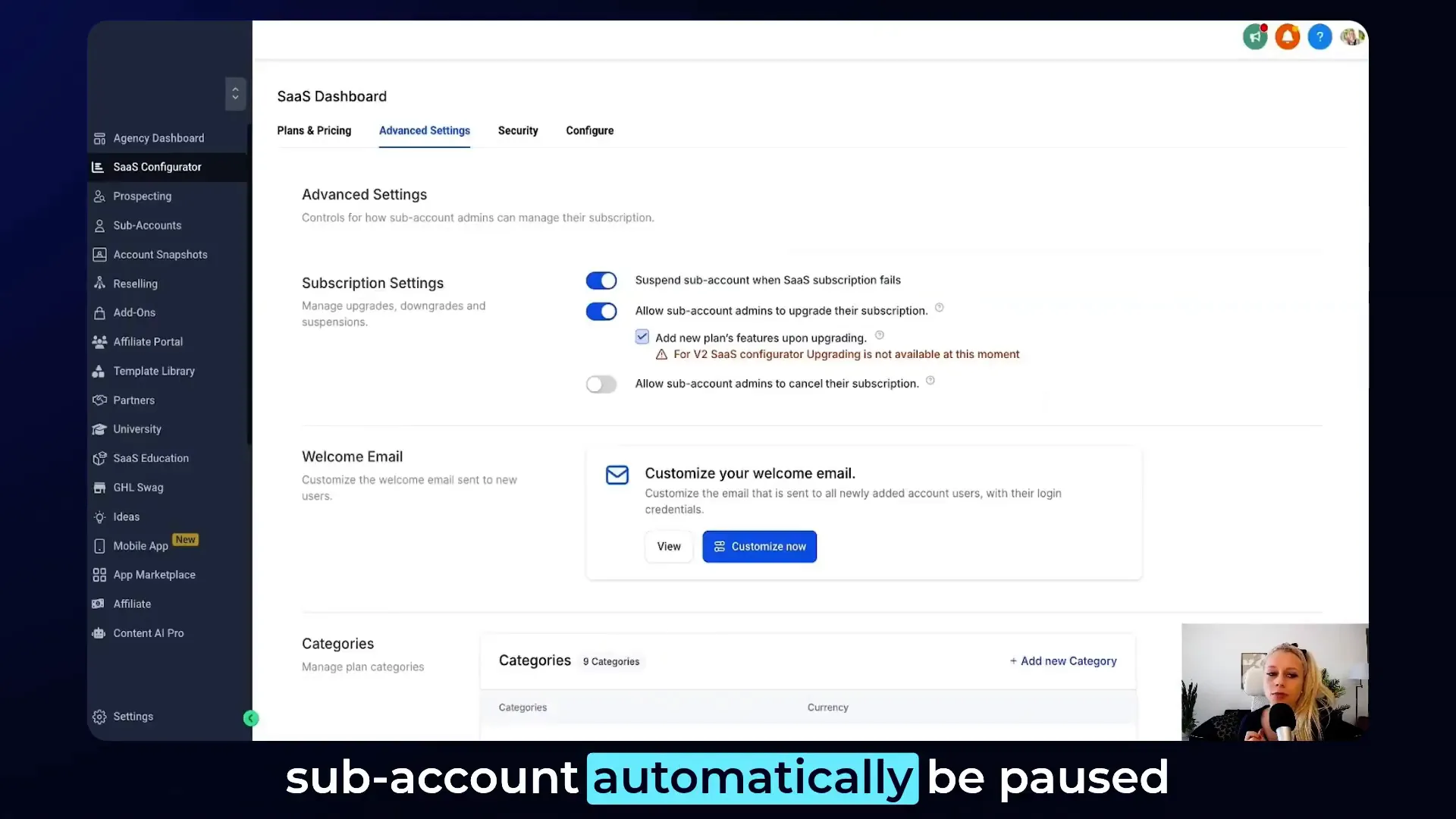 Subscription management settings for payment failure suspension