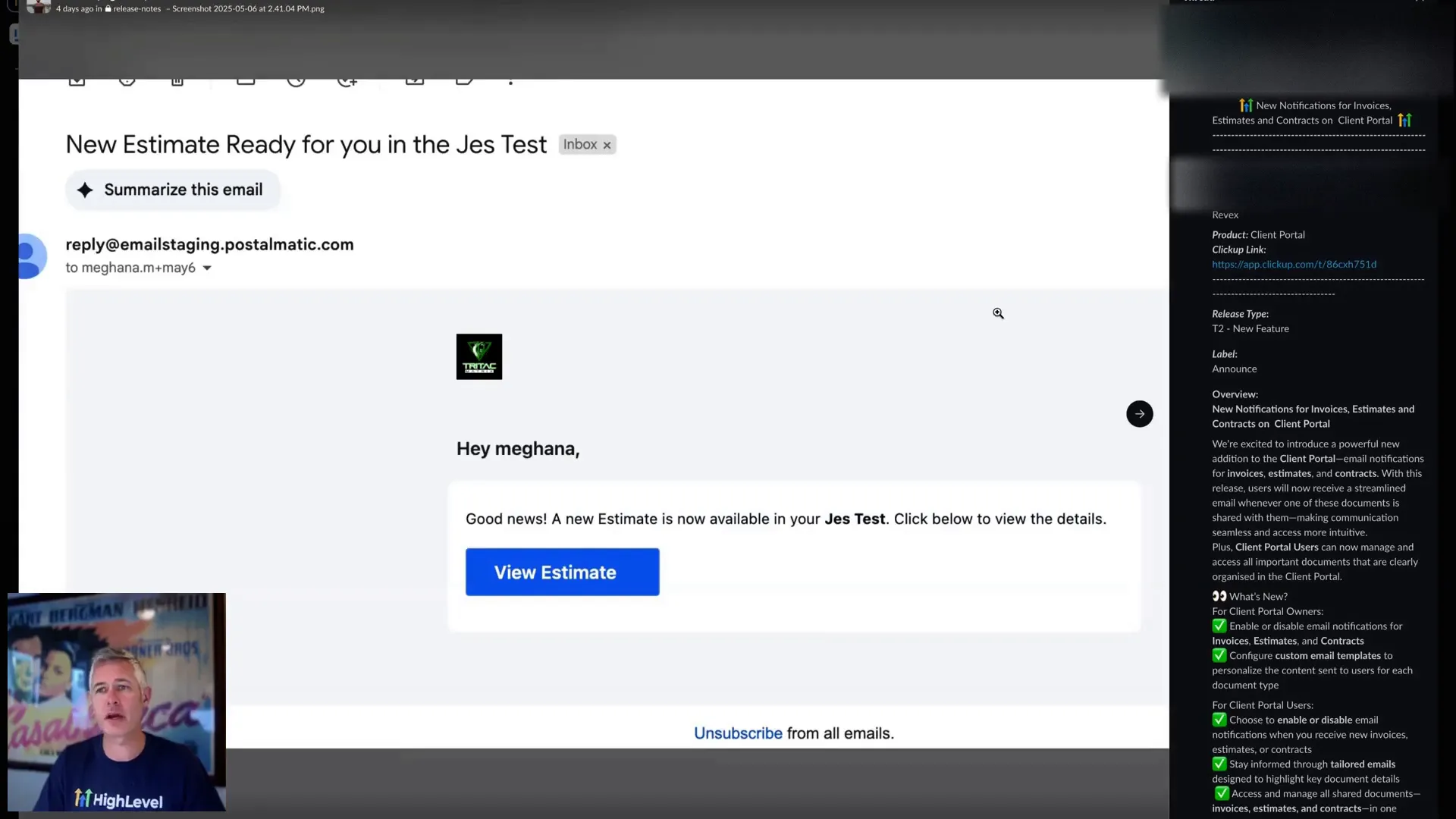 Dashboard showing new notifications for invoices, estimates, and contracts in the Client Portal