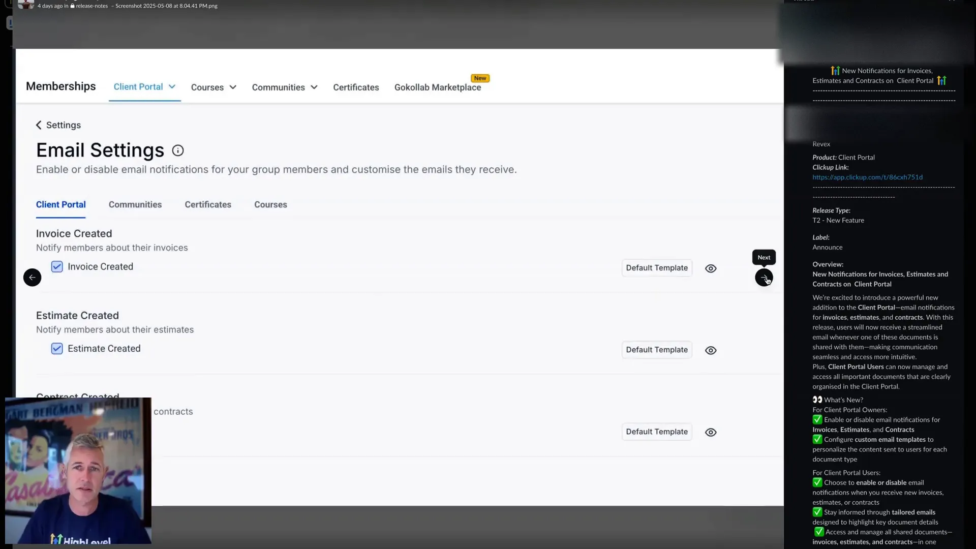 Customizing notification email template within the Client Portal settings