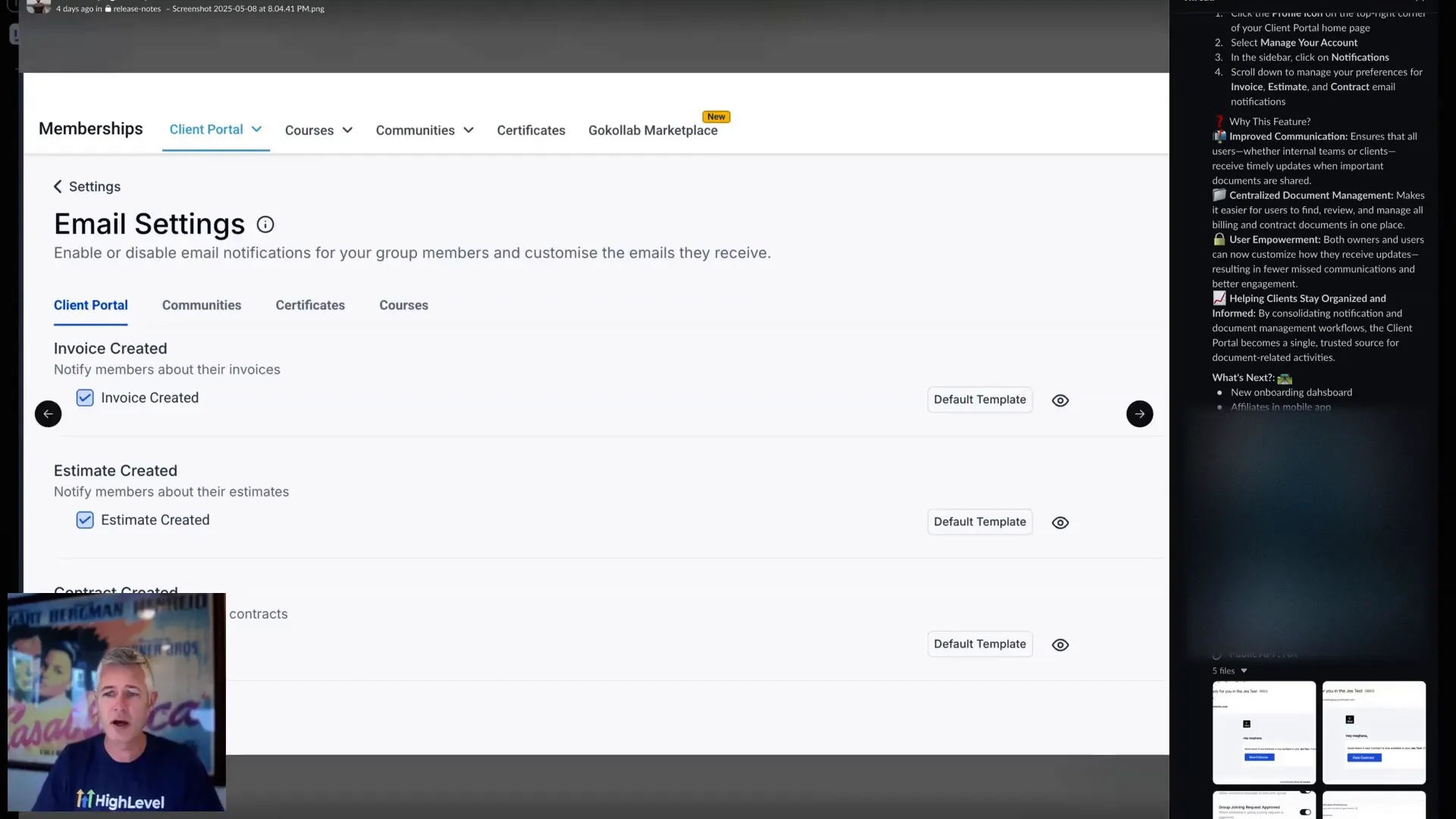 Client Portal notification settings showing enable/disable toggles and customization options