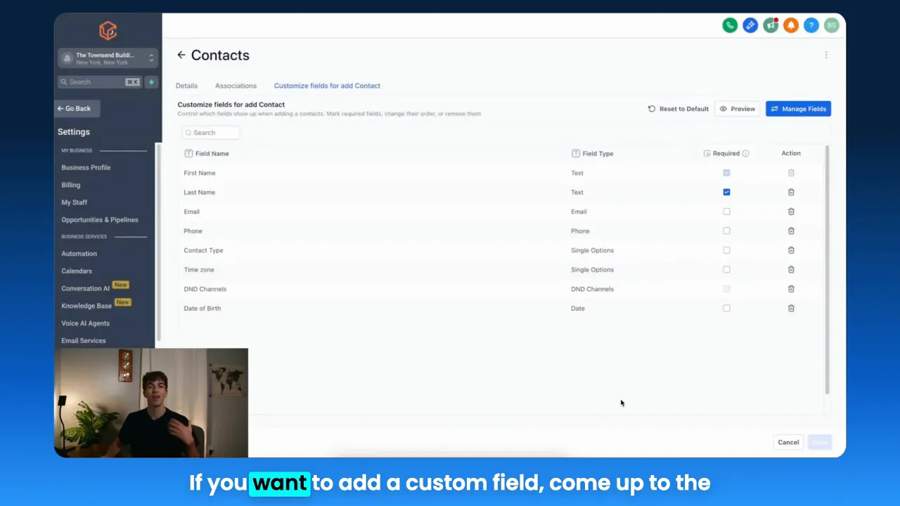 Customize form option activated to toggle required fields and preview the contact modal