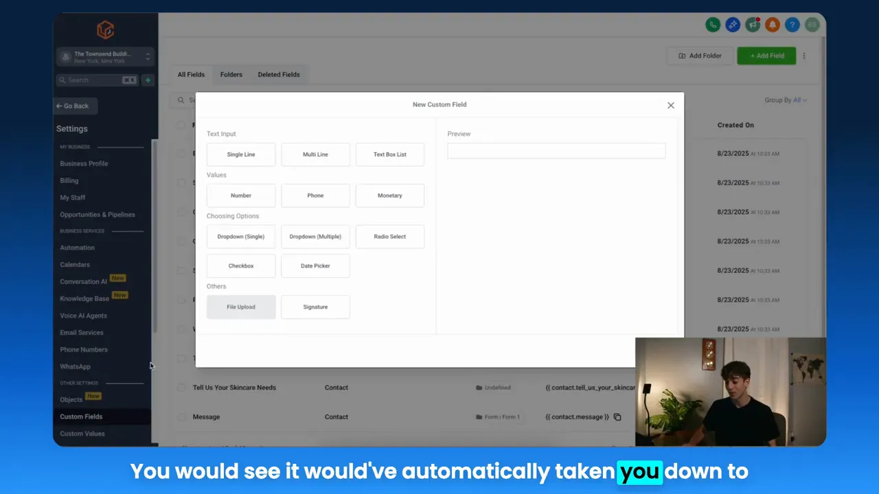 Adding custom fields flow, showing navigation to subaccount settings for custom field creation