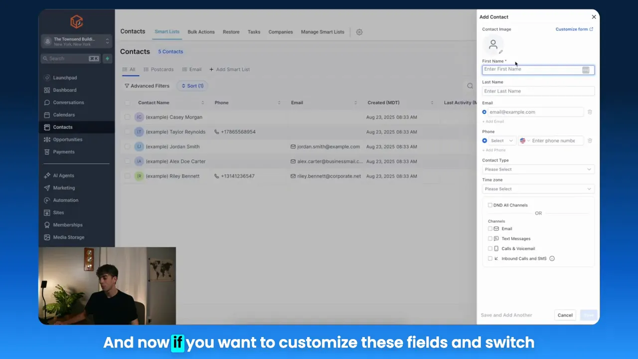 HighLevel contacts screen showing Add Contact button and slide-out modal