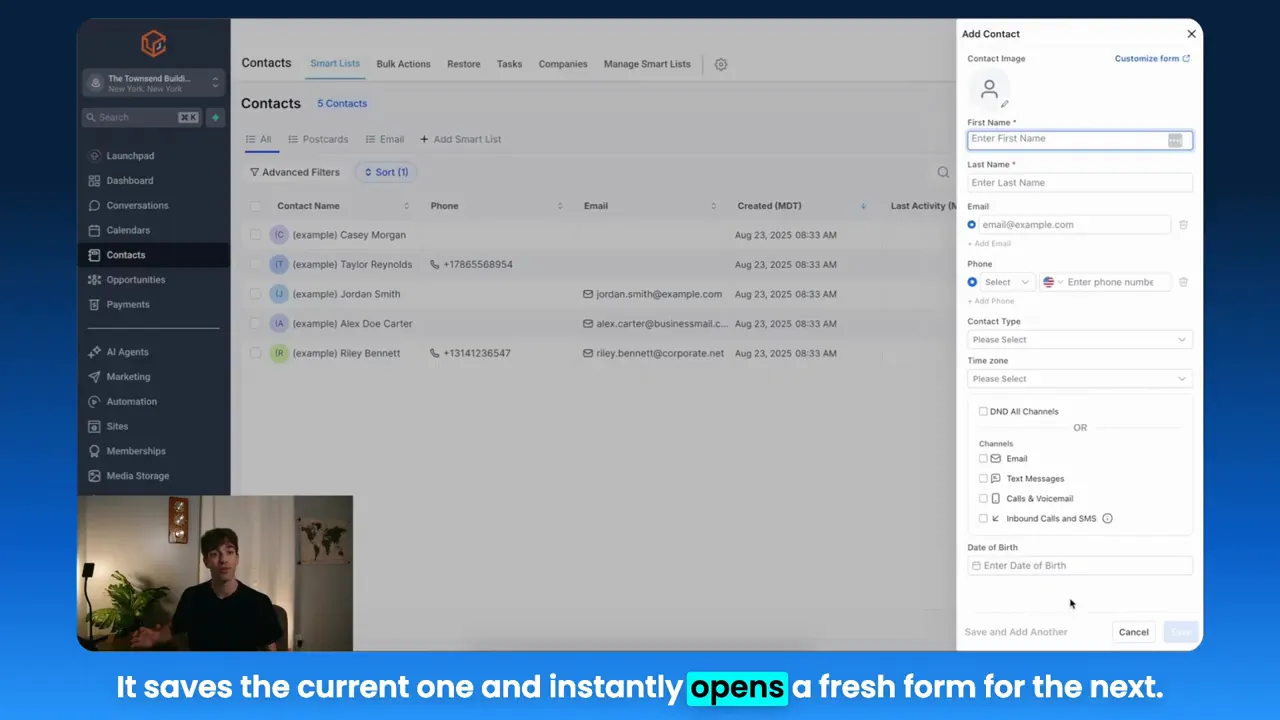 Bottom of the add contact modal with Save and Save and Add Another buttons visible