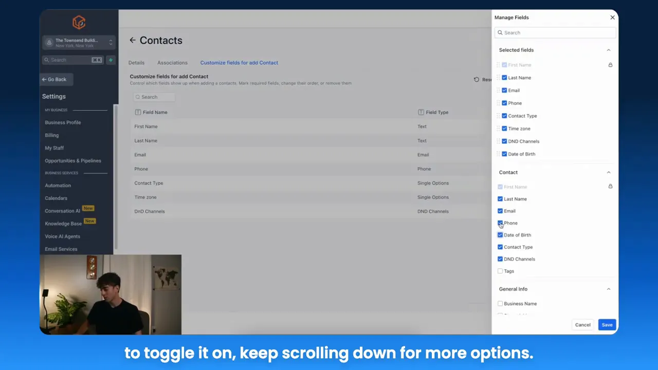 Manage fields toggled on and off to capture Date of Birth as a custom field