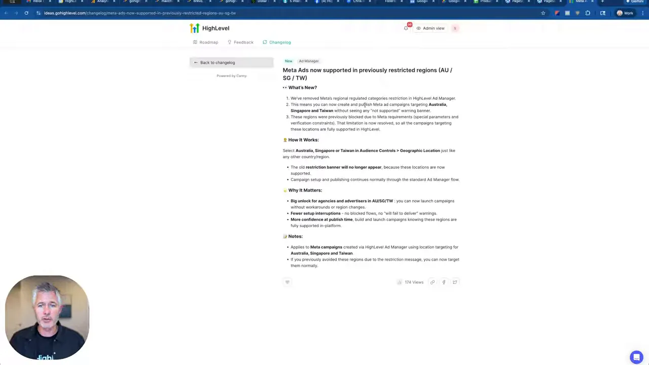 Clear screenshot of a HighLevel changelog announcing Meta Ads support in previously restricted regions (Australia, Singapore, Taiwan) with a presenter overlay in the lower-left corner.