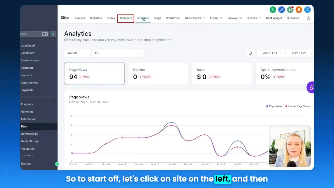 GFunnel analytics dashboard with page views, opt-ins, sales tiles and a line graph of page views over time with a small presenter inset.
