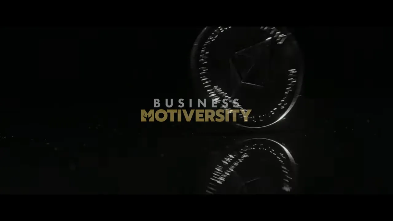 Business Motiversity title and coin animation on a black reflective background