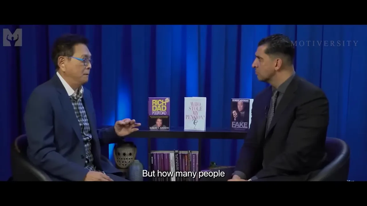 Wide interview shot of two participants with books between them and the subtitle 'But how many people'