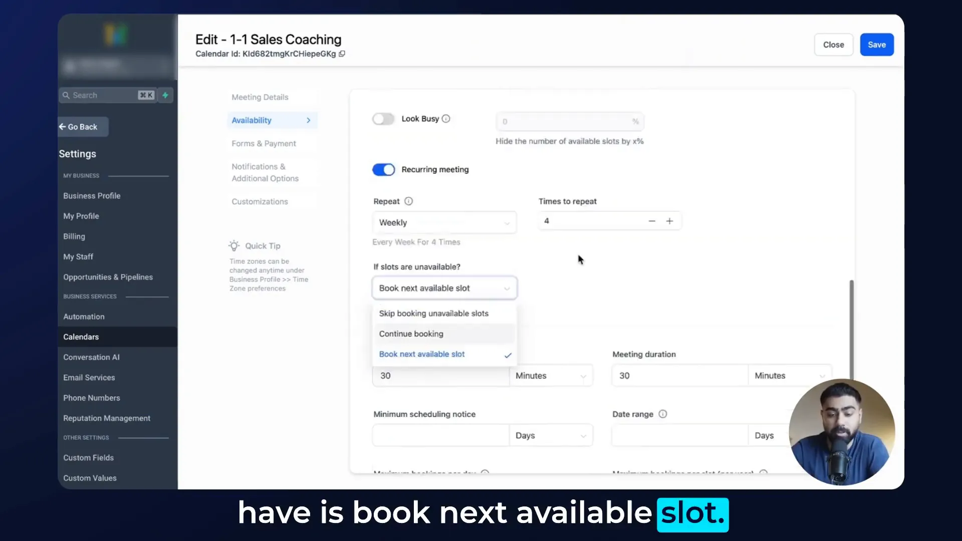 Appointment slot options