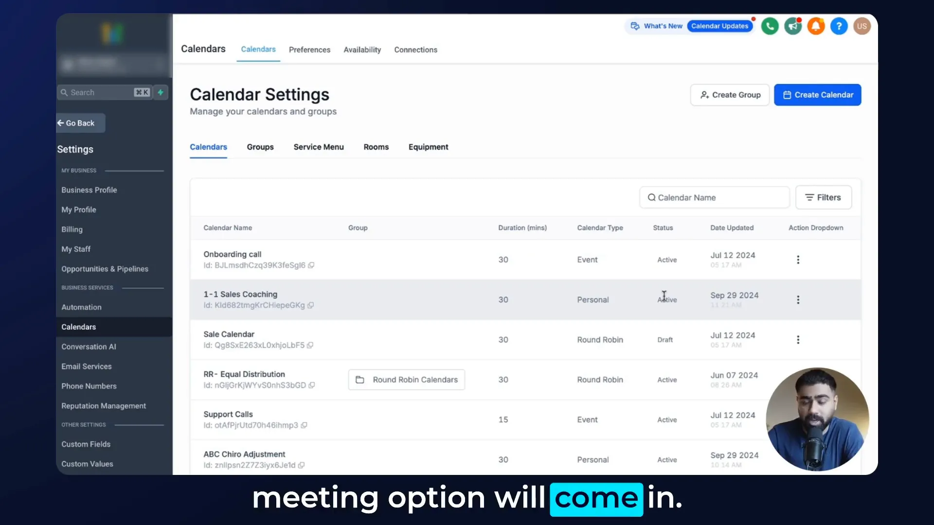 GoHighLevel calendar settings