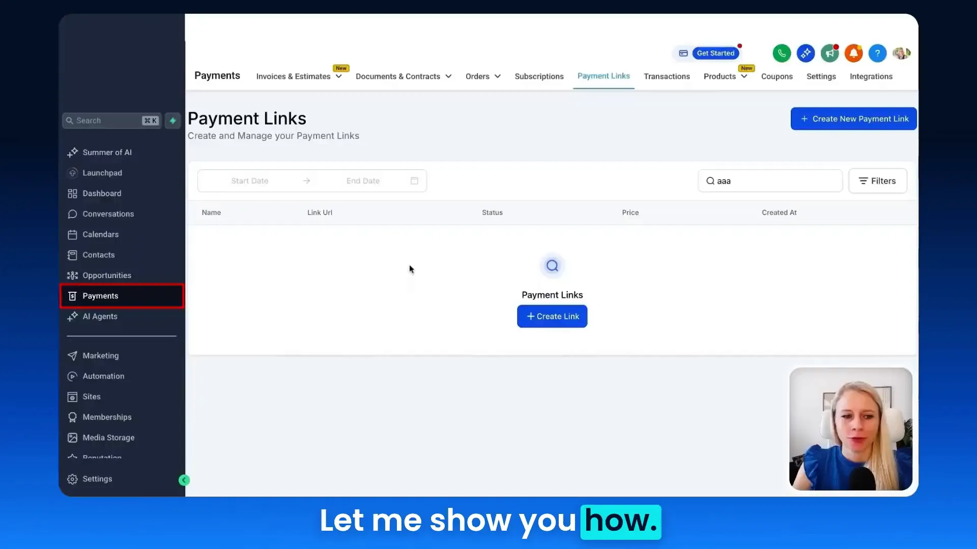 Payments menu with Payment Links and Create New Payment Link highlighted