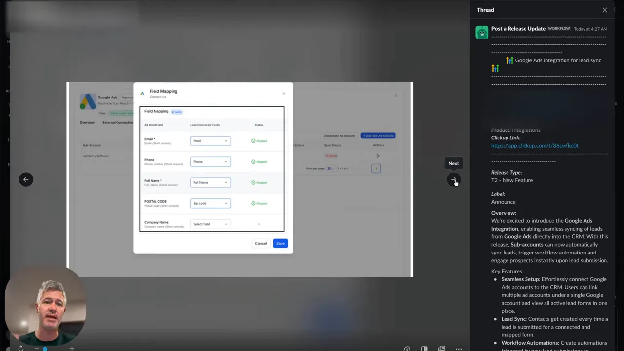 Field mapping dialog in GFunnel showing Email, Phone, Full Name, Postal Code mapped to CRM fields