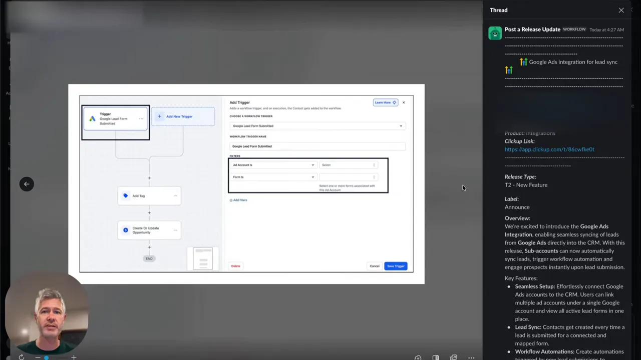 Workflow canvas showing a 'Google Lead Form Submitted' trigger and mapping panel, with a small presenter overlay in the lower-left.