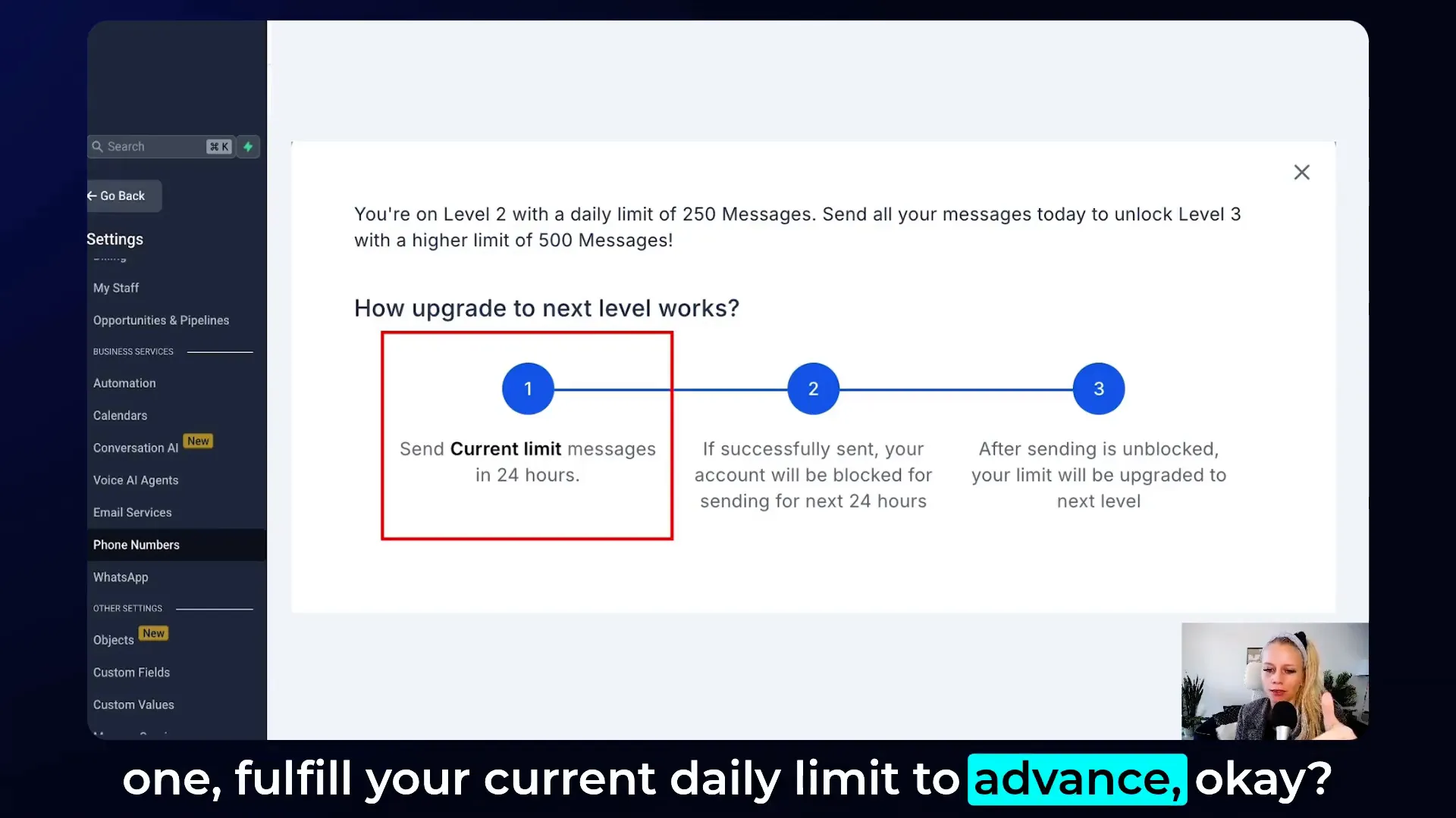 Step-by-step guidance card showing SMS limits and progression