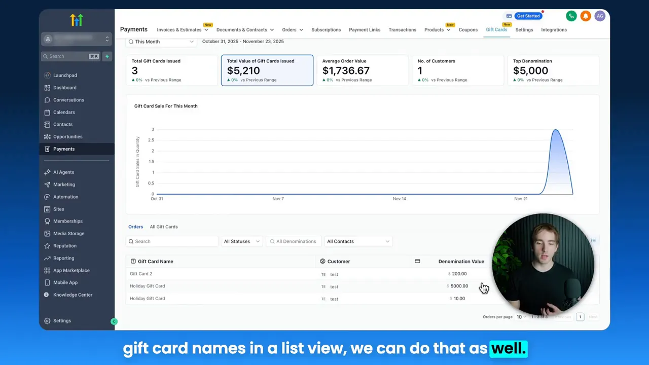 GFunnel Bestellliste zeigt Geschenkart, Kunde und Wert (Denomination) in einer klaren Tabellenansicht