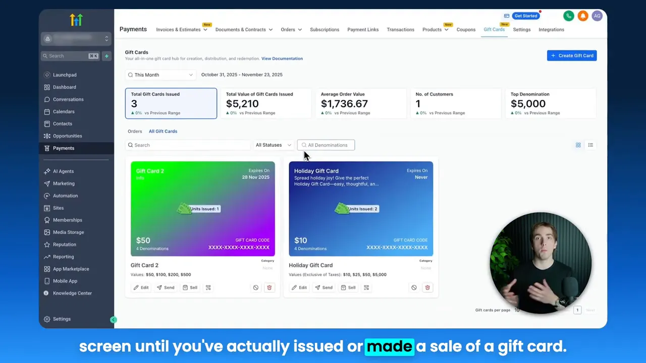 Klares GFunnel Geschenkkarten Dashboard mit Total Gift Cards Issued, Total Value, Average Order Value, No. of Customers und Kartenvorschau.