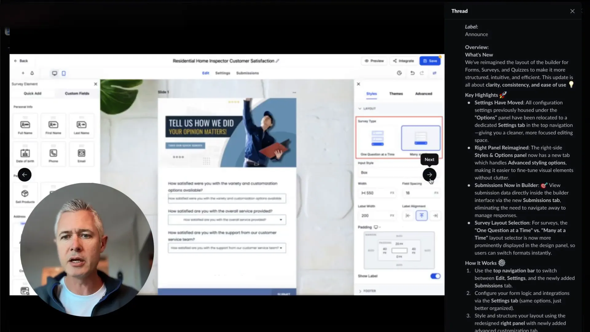 Video insight on revamped builder layout for forms, surveys, and quizzes