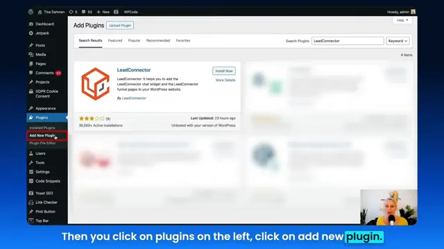 Logged into WordPress dashboard showing Plugins menu