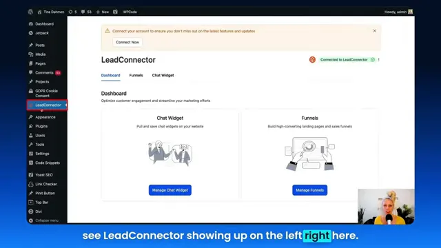 Clicking Connect Now to authorize Lead Connector from WordPress to Lead Connector account