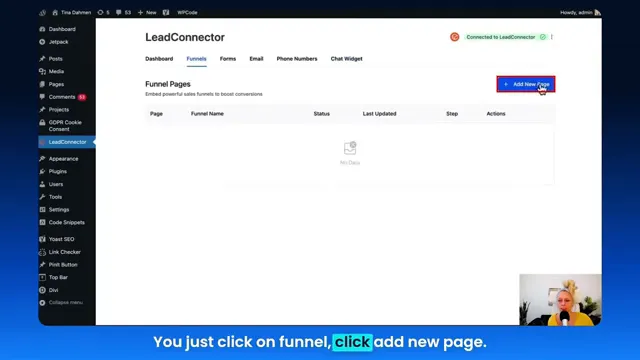 Lead Connector menu showing Funnels, Forms, and Phone numbers