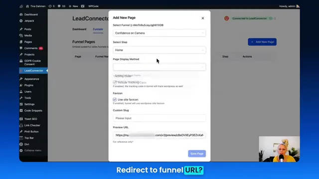 Selecting display options for funnel page: embedded, full-frame or redirect