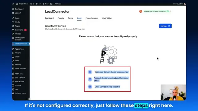 Lead Connector SMTP configuration screen inside WordPress plugin