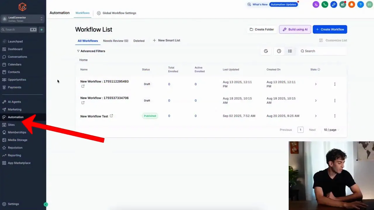 Automations menu inside GFunnel showing where to add GPT-style actions