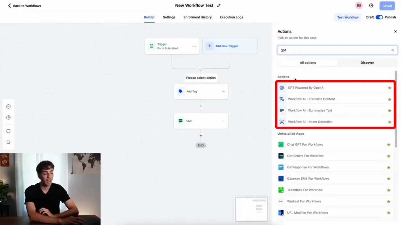 Selecting a GPT action for a workflow inside automations