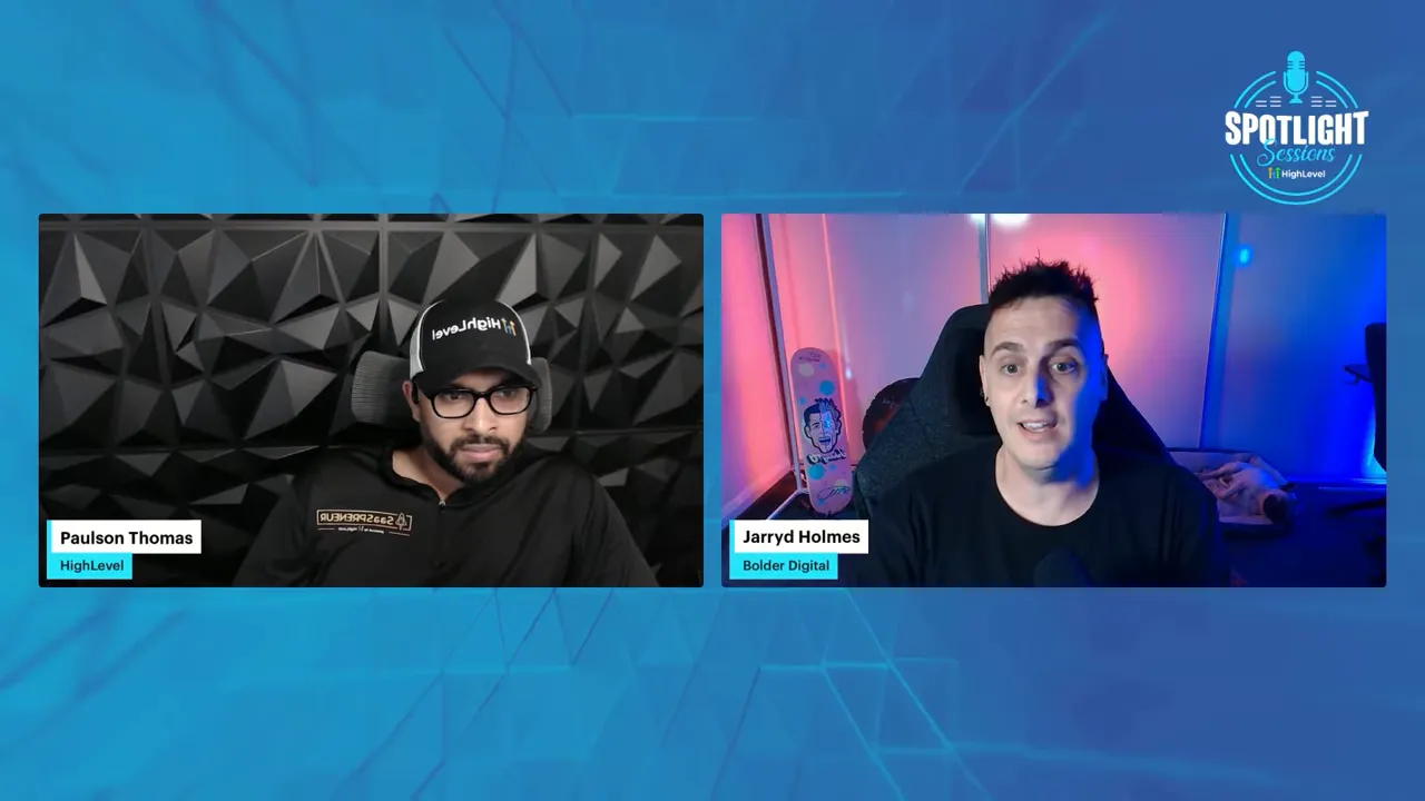 Balanced split-screen webinar shot with two presenters on a blue branded background; good lighting and composition.