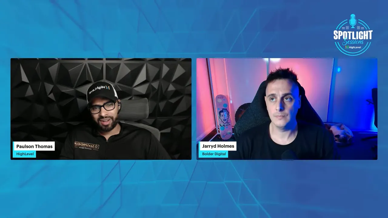 Clear split-screen of two hosts engaged in conversation on a blue Spotlight Sessions background.