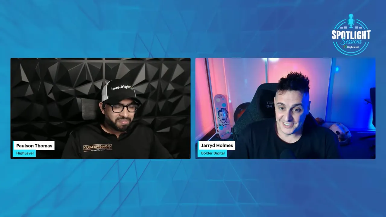 Split-screen interview with two hosts framed on a blue Spotlight Sessions background; clear, well-lit faces and studio/backlit setups.