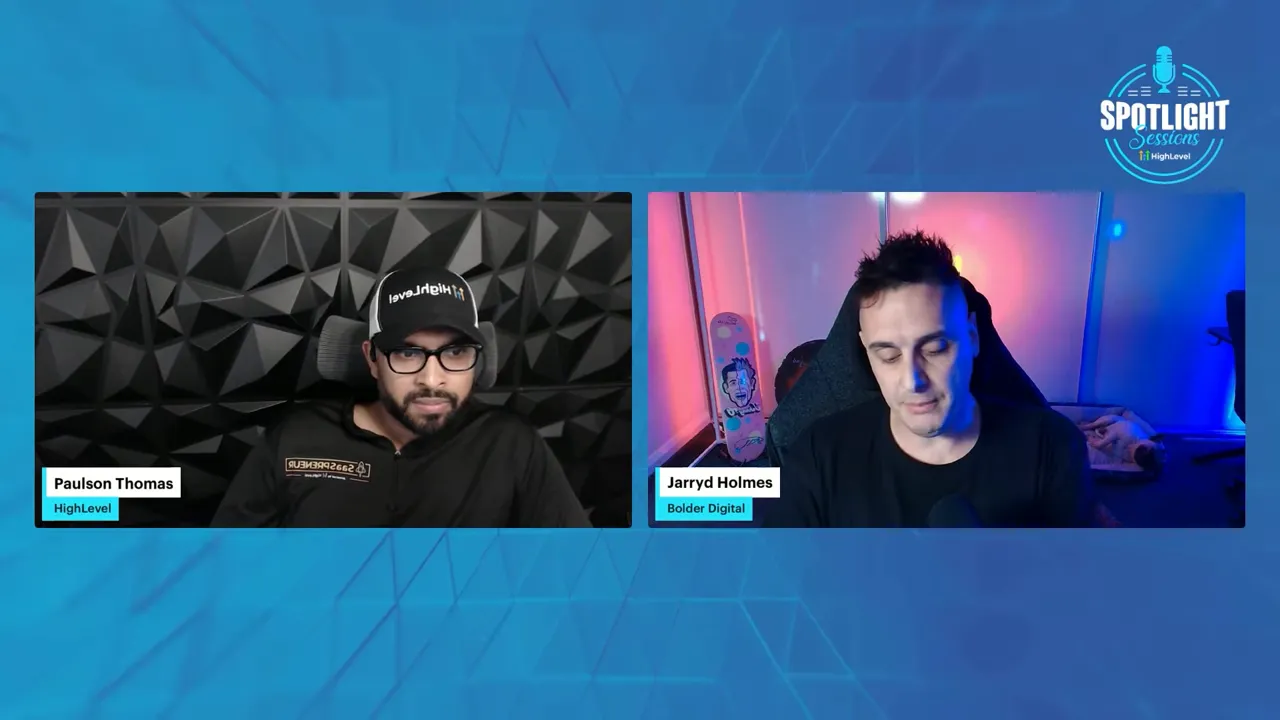High-quality split-screen webinar frame with two presenters on a blue branded background, clear lighting and composition.