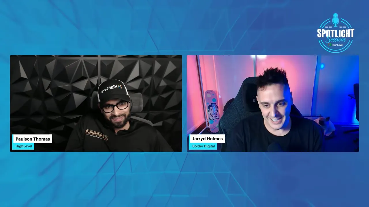 Clear split-screen of two hosts in a Spotlight Sessions livestream, both engaged and well-lit — ideal to illustrate voice AI and chat agent topics.
