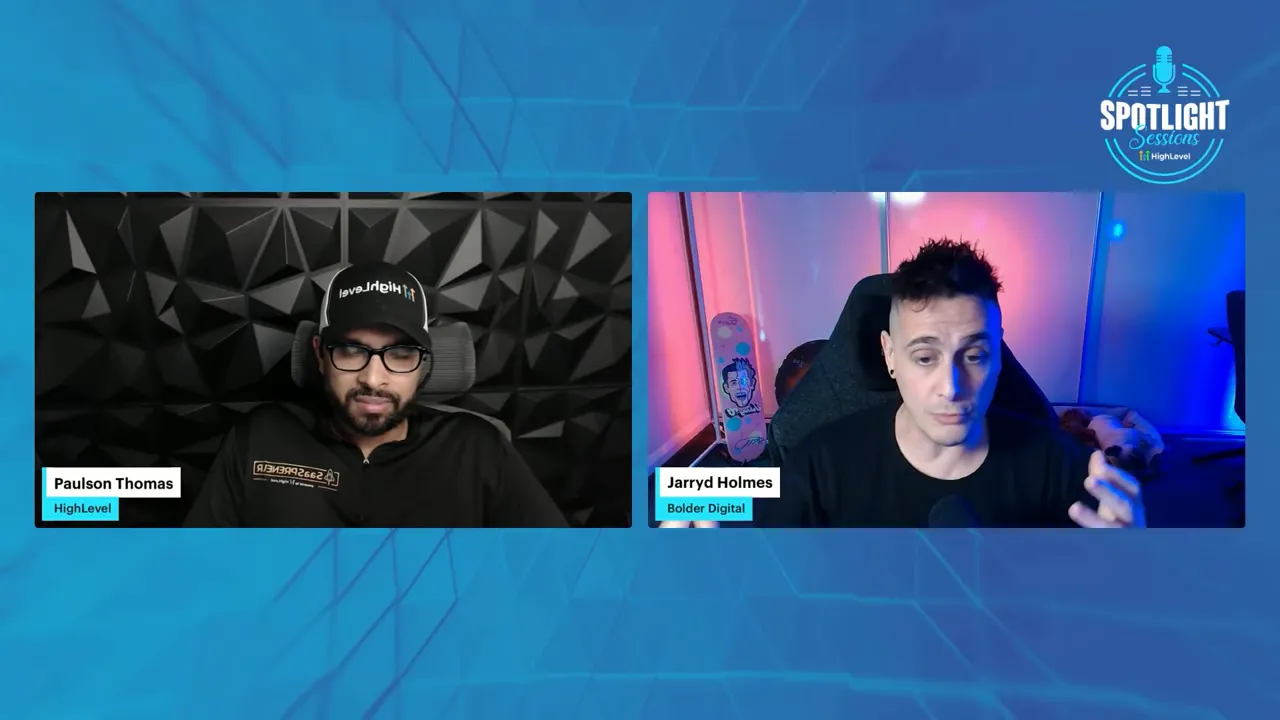 Balanced split-screen livestream with two presenters on a blue branded background; clear faces and natural expressions.