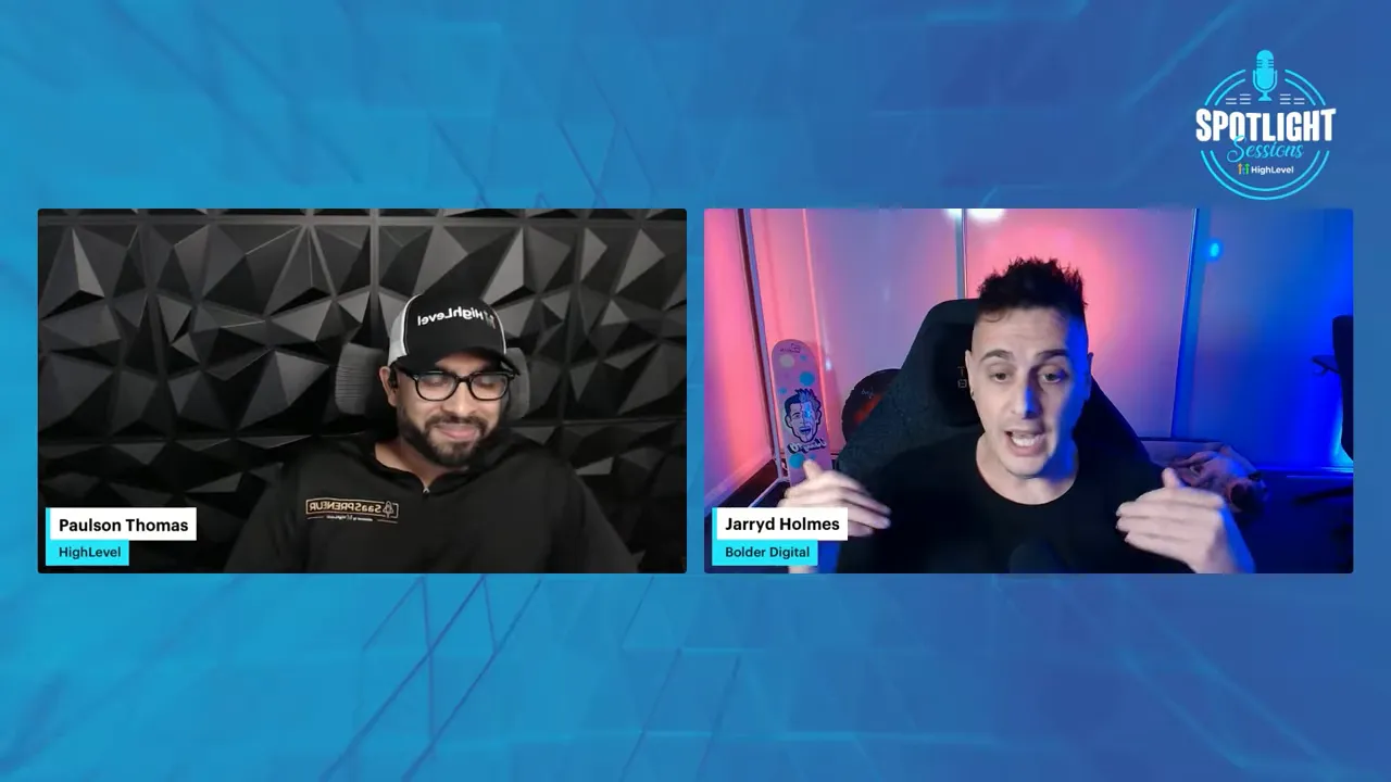 Split-screen livestream with two hosts on a blue branded backdrop; right host mid-sentence and gesturing, left host listening.