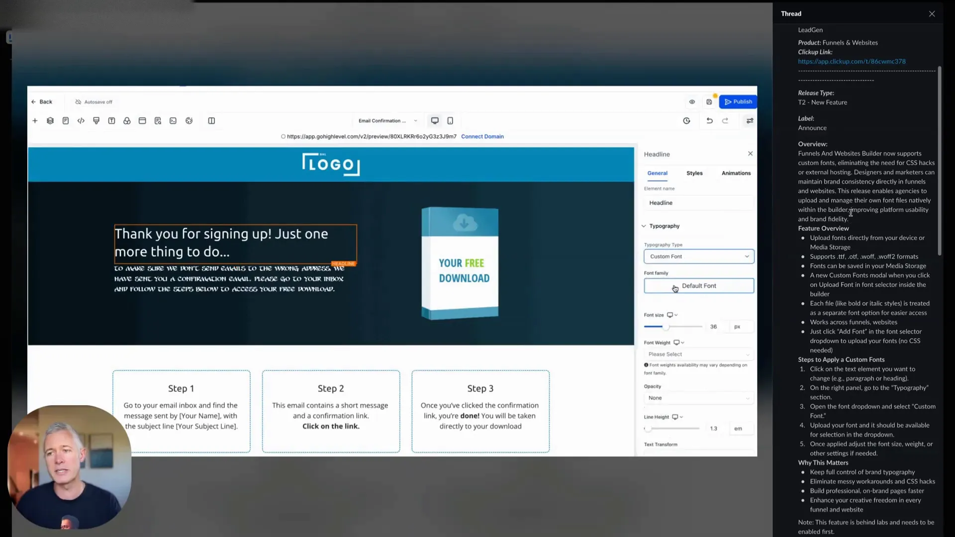 Custom font support in GFunnel funnel and website builder