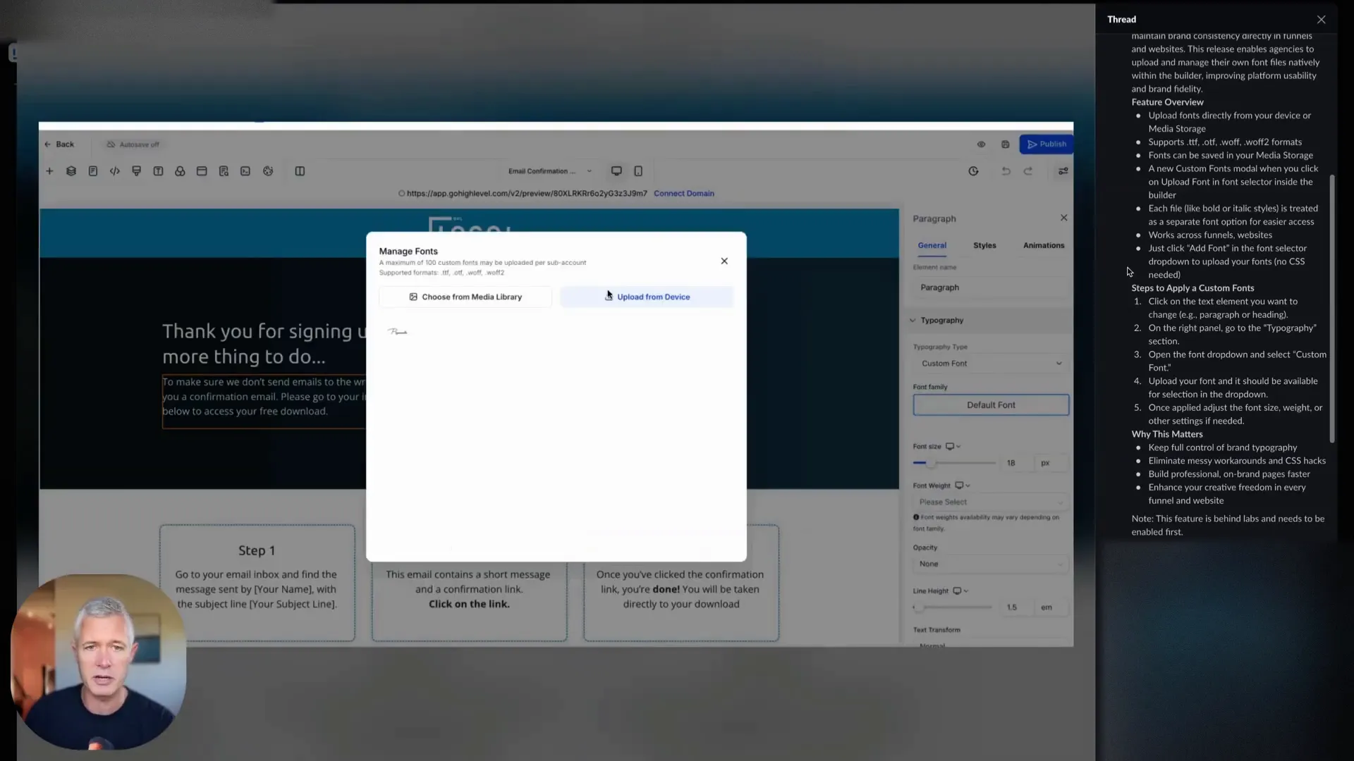 GFunnel custom font upload modal showing device and media storage options
