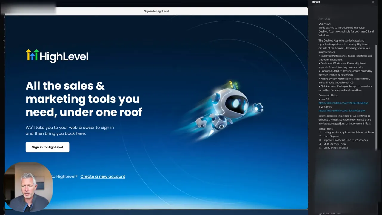 Clear screenshot of the product landing page with robot hero graphic and readable headline 'All the sales & marketing tools you need, under one roof', plus a small presenter webcam overlay.