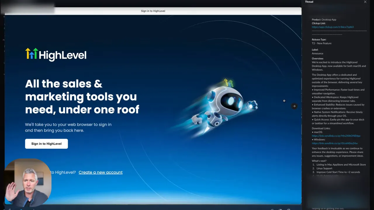 GFunnel/HighLevel hero landing screen showing headline 'All the sales & marketing tools you need, under one roof' with robot graphic and small presenter inset.
