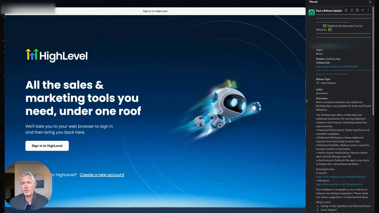 GFunnel / HighLevel hero screen with the robot mascot and headline 'All the sales & marketing tools you need, under one roof', plus a readable right-side thread panel and a small presenter webcam inset.