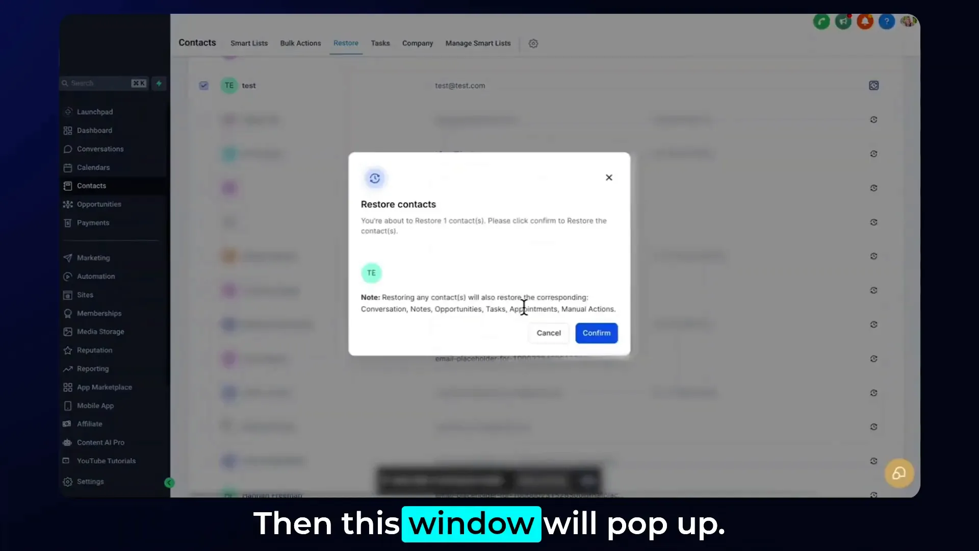 GFunnel Contacts Restore Interface