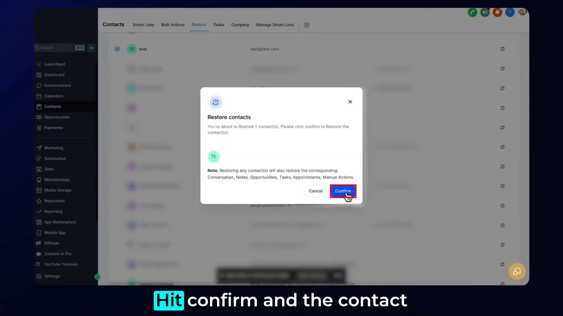 Confirm contact restoration with GFunnel Lead Connector