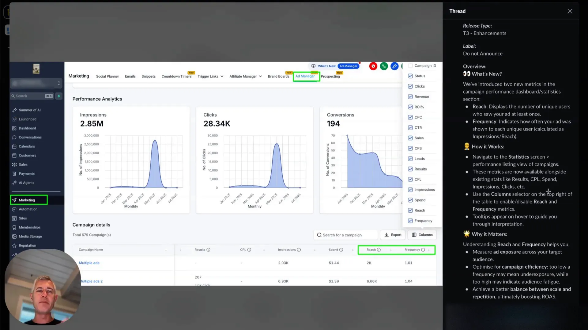 Ad frequency optimization dashboard in Facebook Ad Manager
