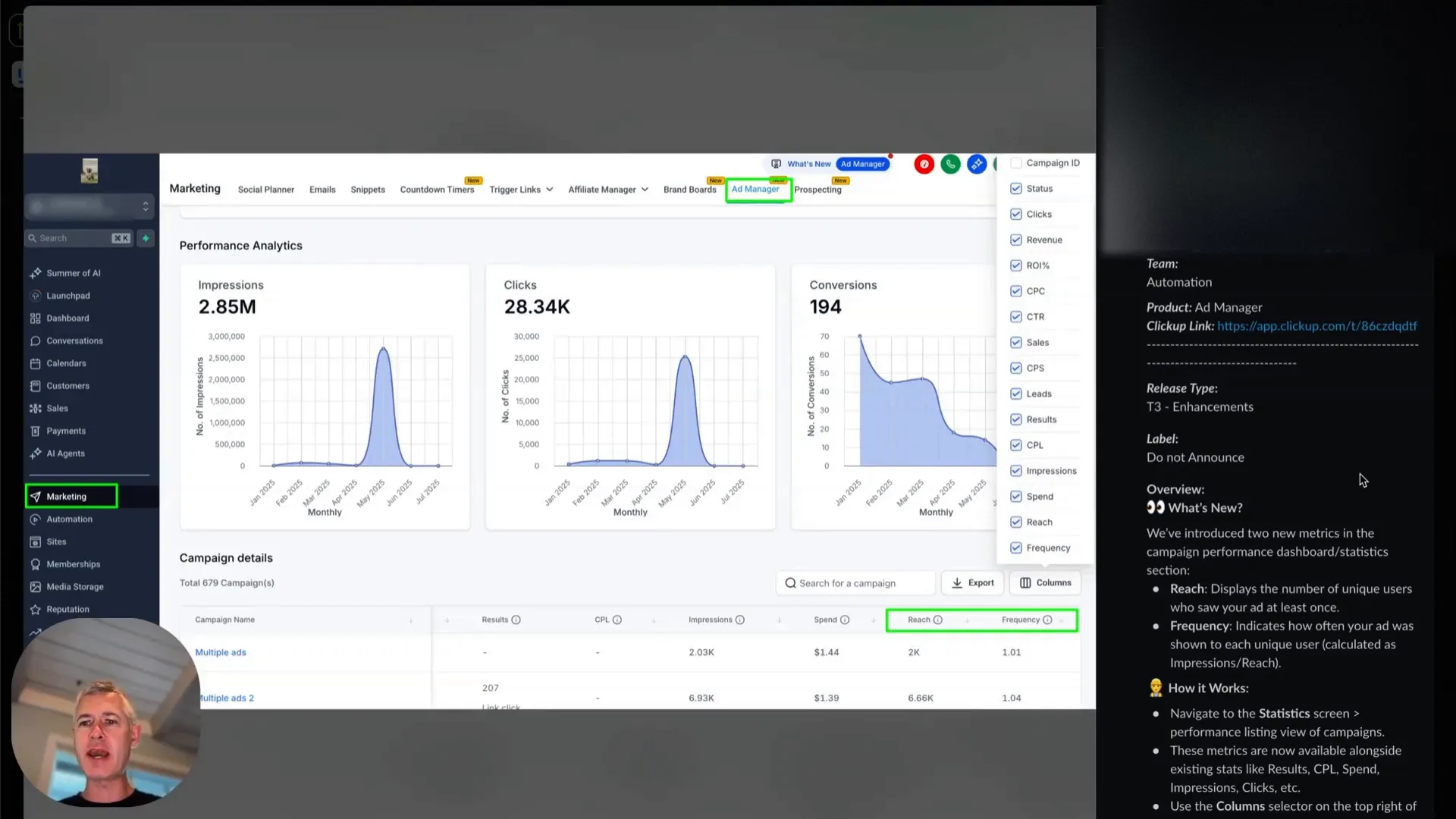 Facebook Ad Manager showing Reach and Frequency metrics