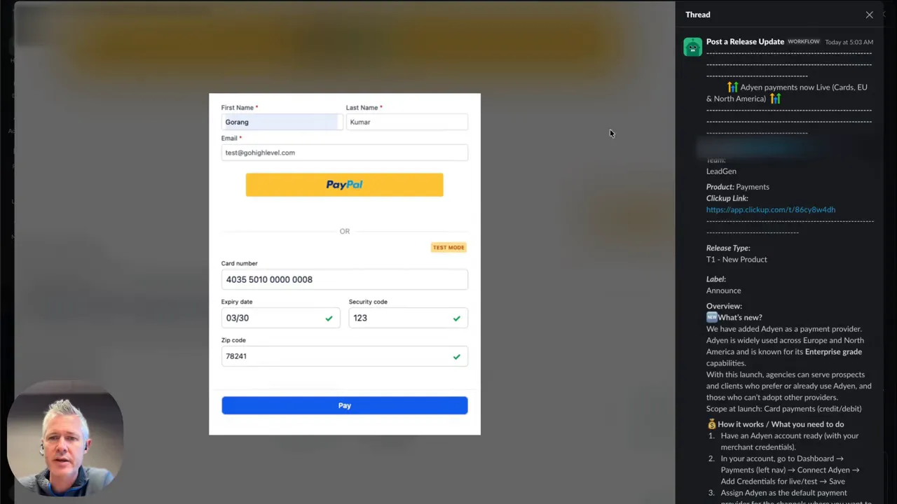 Centered checkout form with PayPal button and credit card input fields in a demo screen