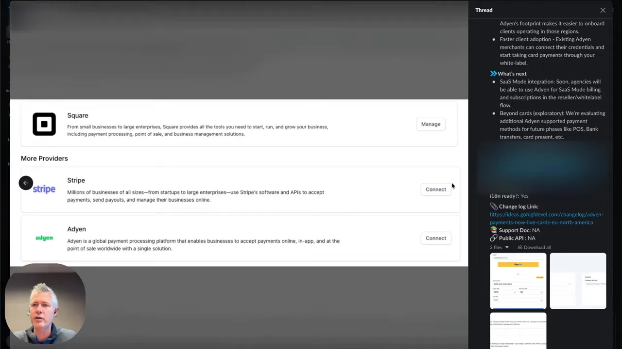 Clear screenshot of GFunnel payment providers (Square, Stripe, Adyen) with presenter inset and a right-hand thread of integration notes.